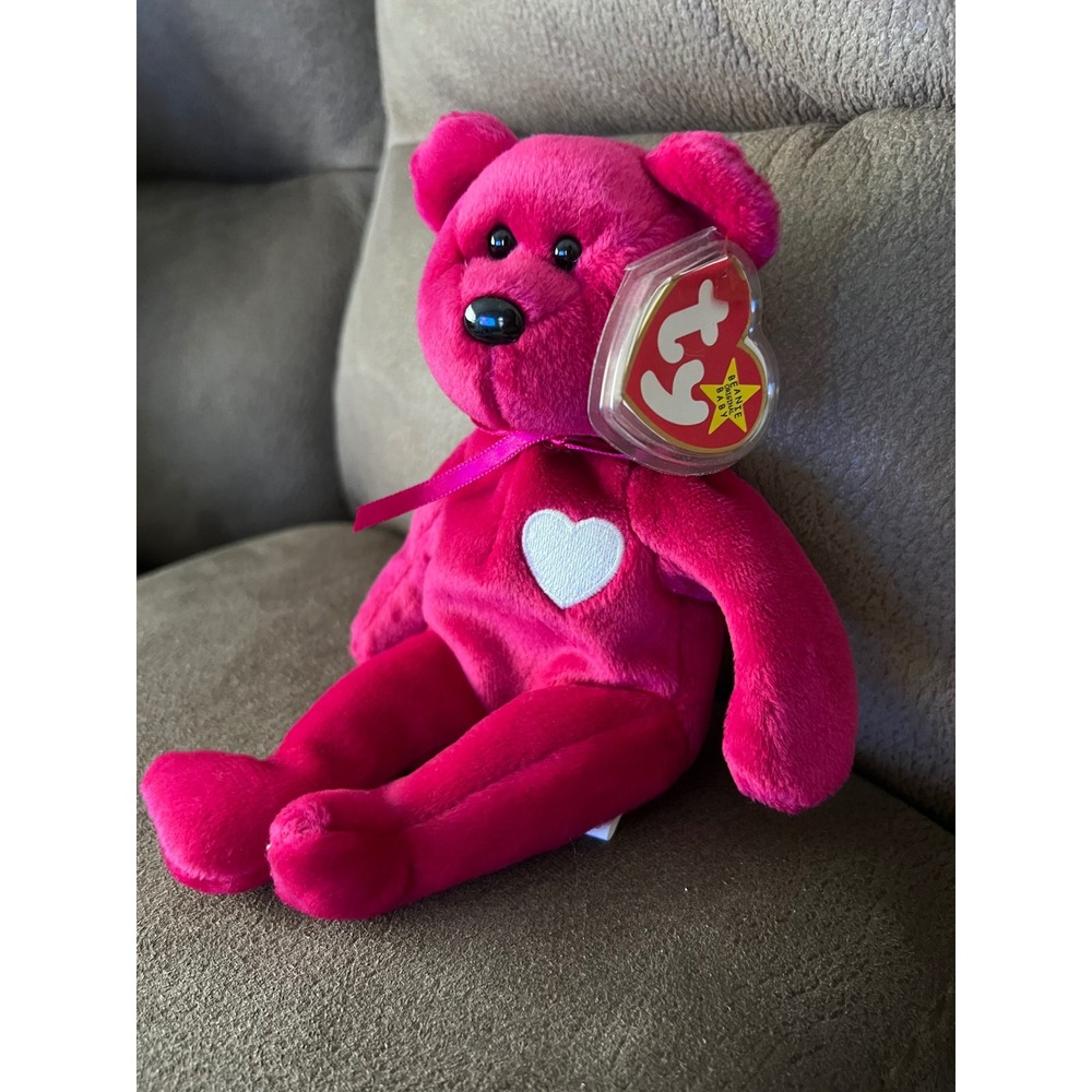 Ty Beanie Baby Valentina Bear Magenta Pink White Heart Plush 1999 Collectible